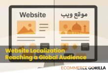 Globe illustration showing ecommerce icons and connections representing global website